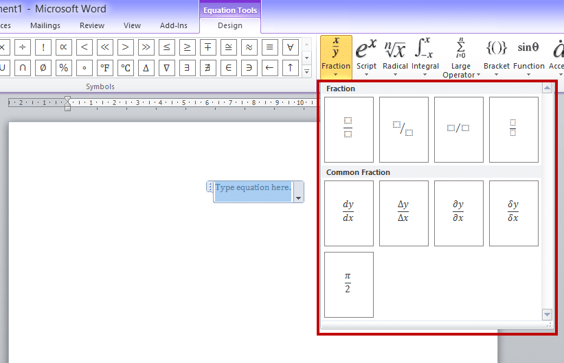 Equation editor Fraction