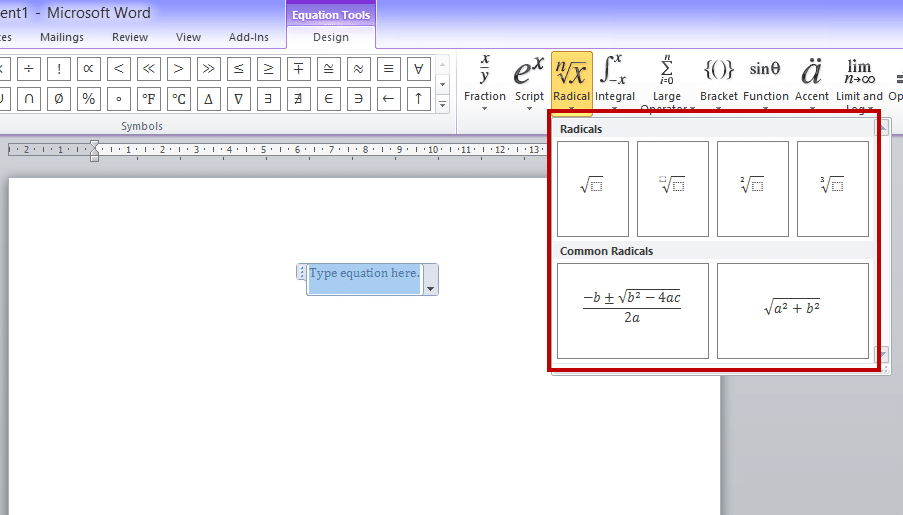 Equation editor Radicle