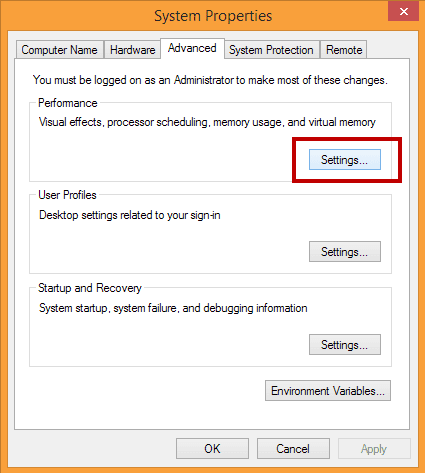 Performance Options Windows 10